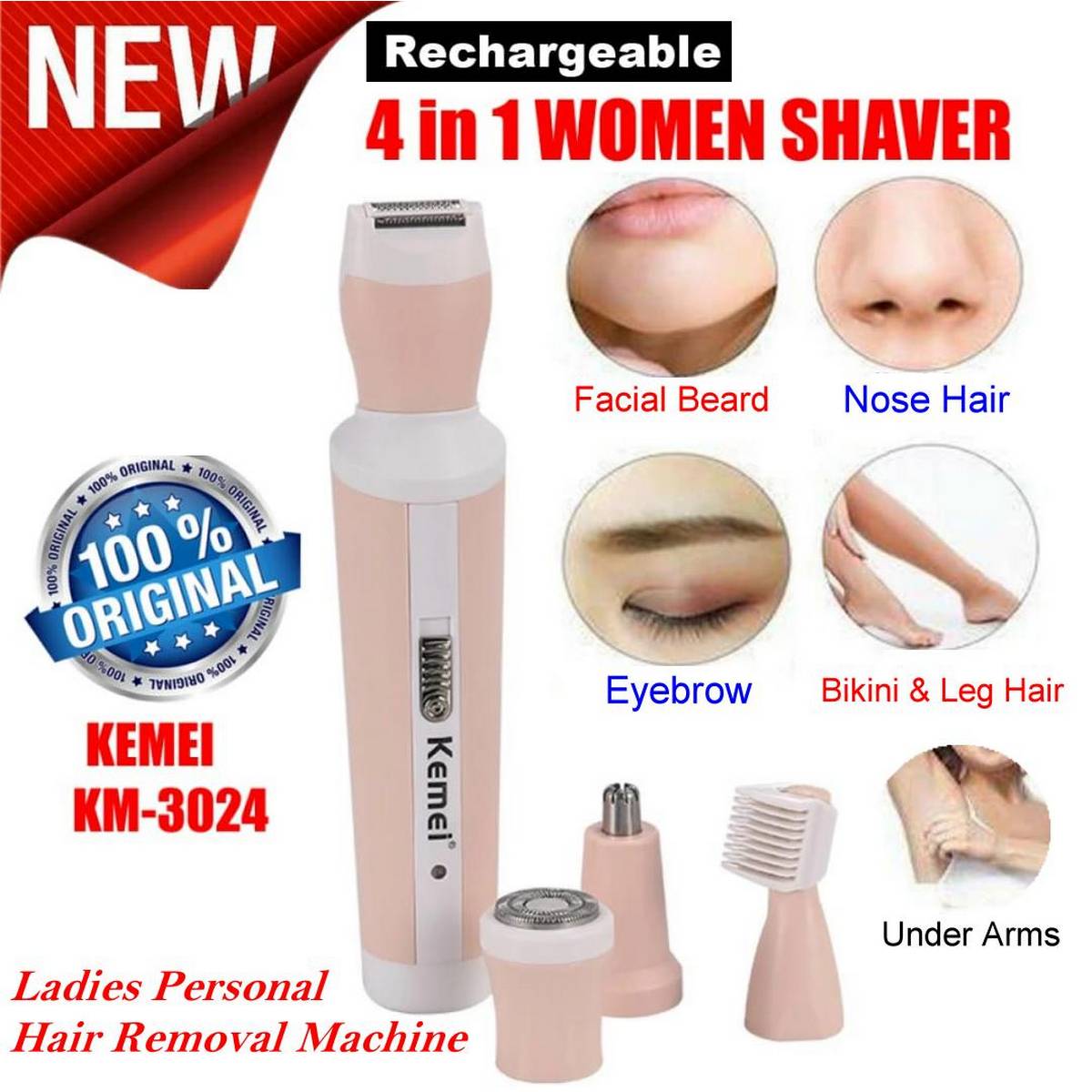 Buy Now Best 4 IN 1 kit Female Facial Hair Epilator Hair Removal Hair  Trimmer for Women Nose Ear Eyebrow Shaver By Kemei KM-3024 Only in Rs./ 1850